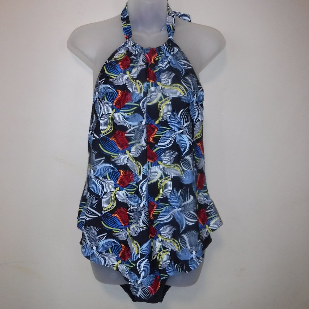 Island Pearls Feather Leaf Print Halter Underwire One Piece Swimsuit Womens 10